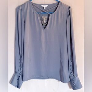 NWT Express flowy chiffon slate grey criss cross button sleeve peasant top S